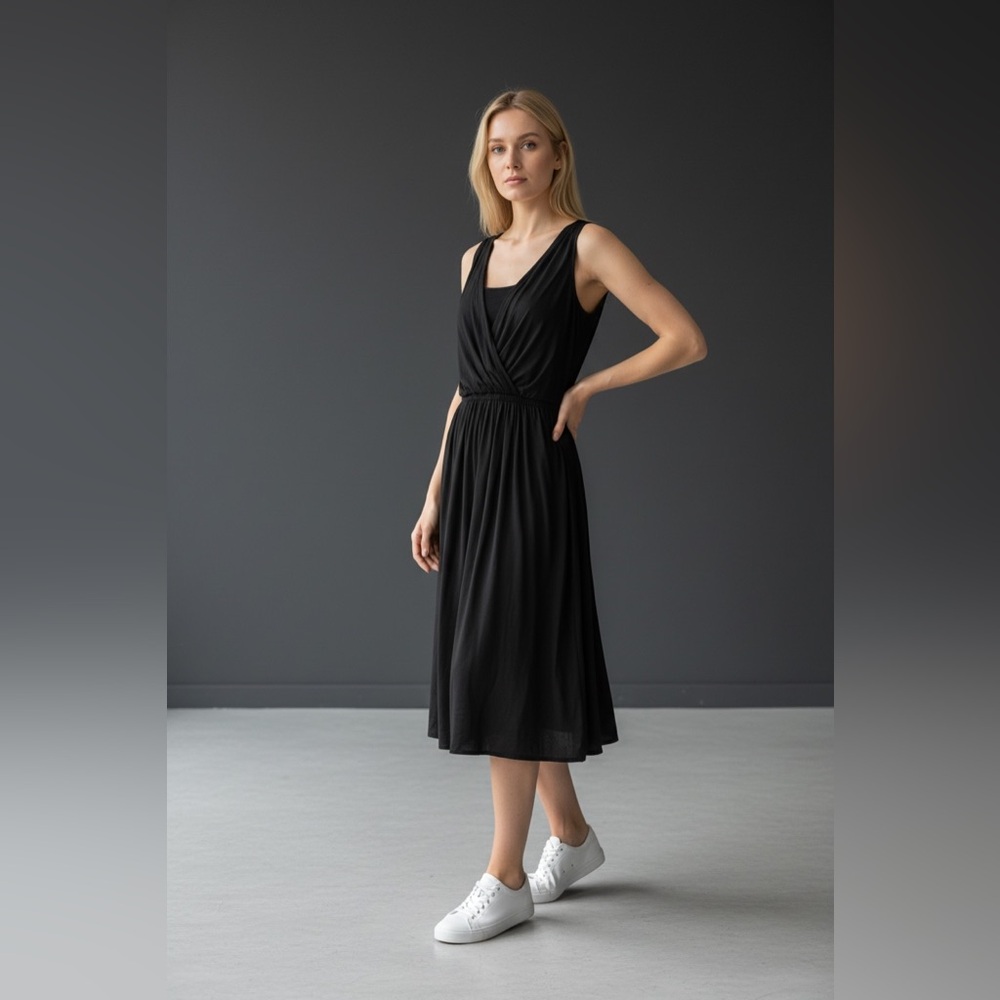 Anthropologie Maeve Sloan Black Faux-Wrap Midi Dress